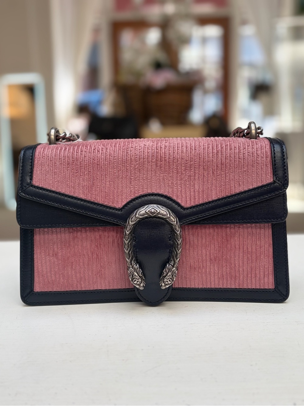 Gucci Pink Corduroy Shoulder Bag with Black Trim